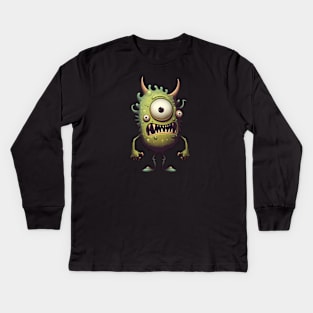 Three-Eyed Green Cute Funny Monster Kids Long Sleeve T-Shirt